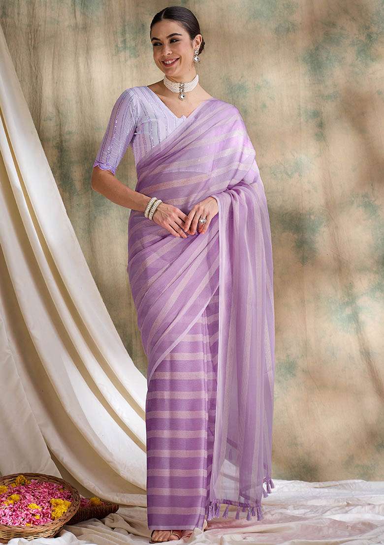 Lavender Embroidered Silk Blend Saree Set for Diwali and Festive Wear - Indya