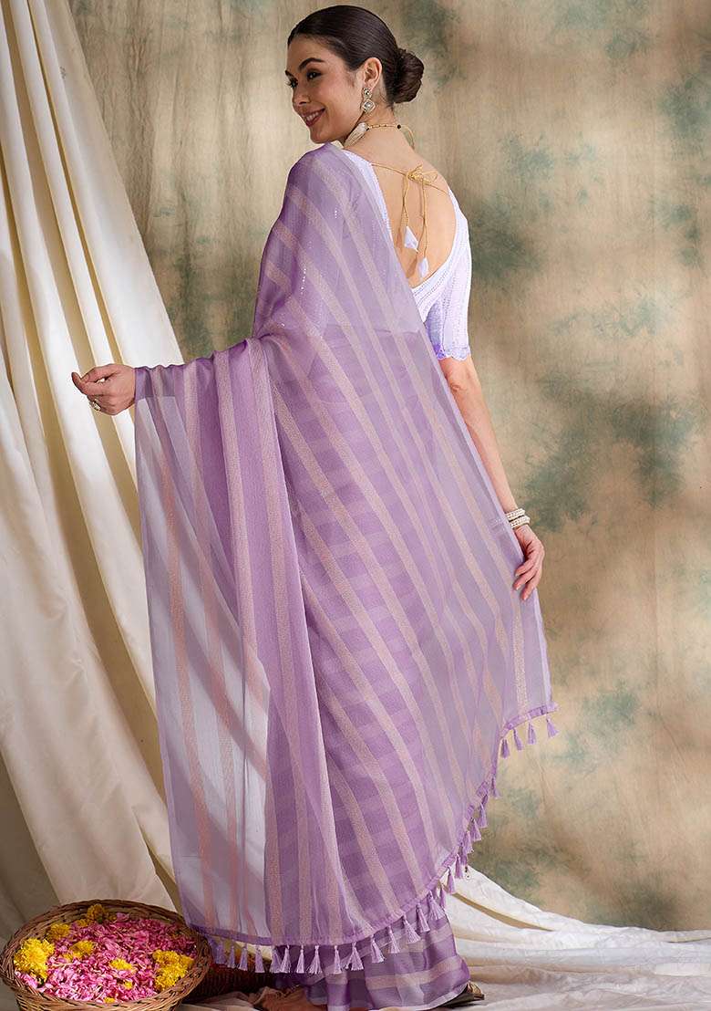 Lavender Embroidered Silk Blend Saree Set for Diwali and Festive Wear - Indya