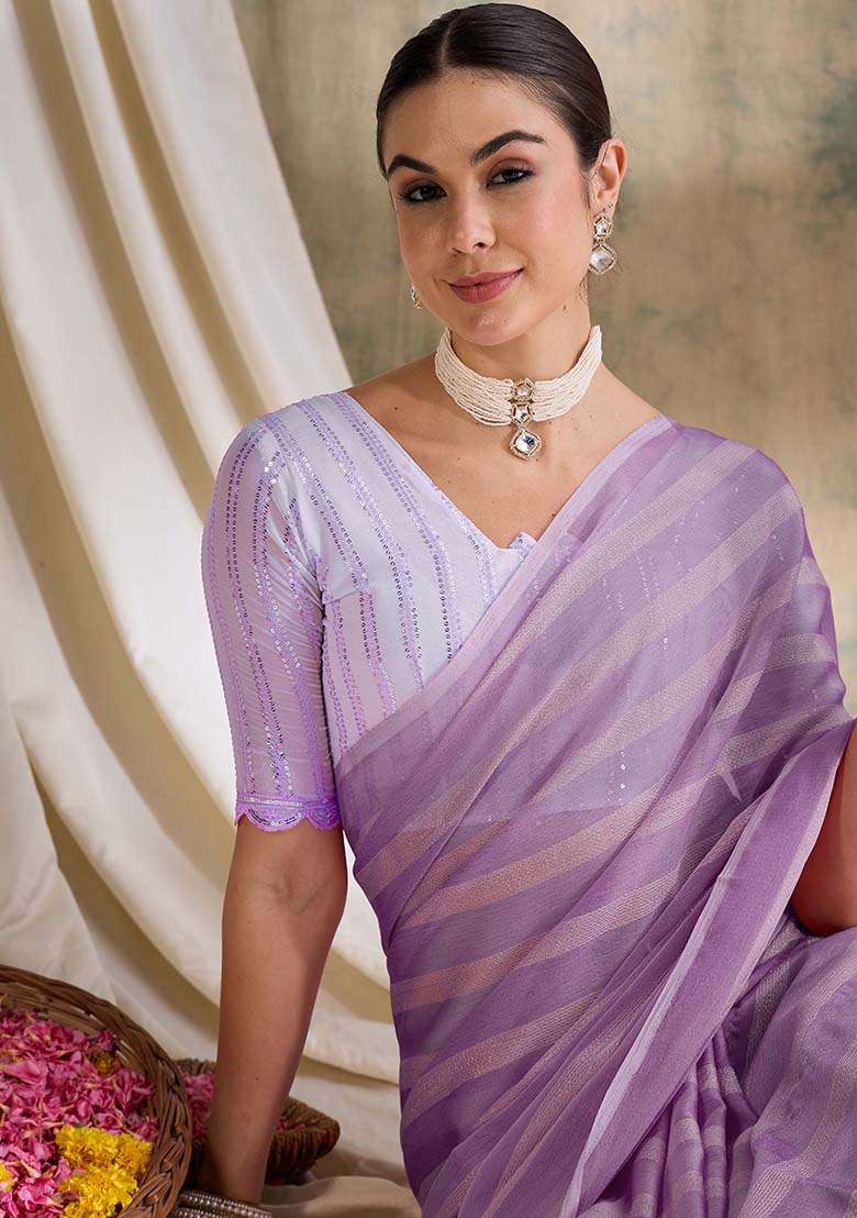 Lavender Embroidered Silk Blend Saree Set for Diwali and Festive Wear - Indya