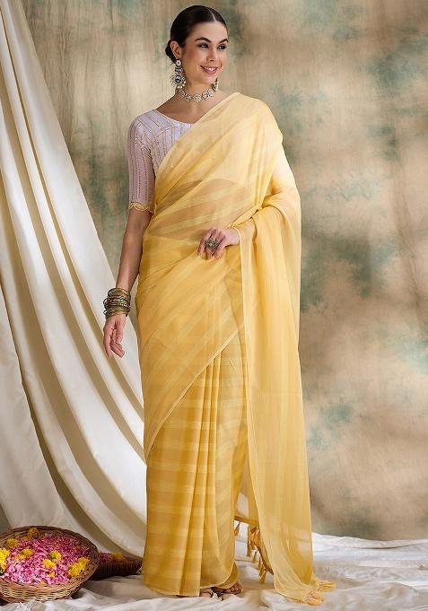 Yellow Embroidered Silk Saree Set
