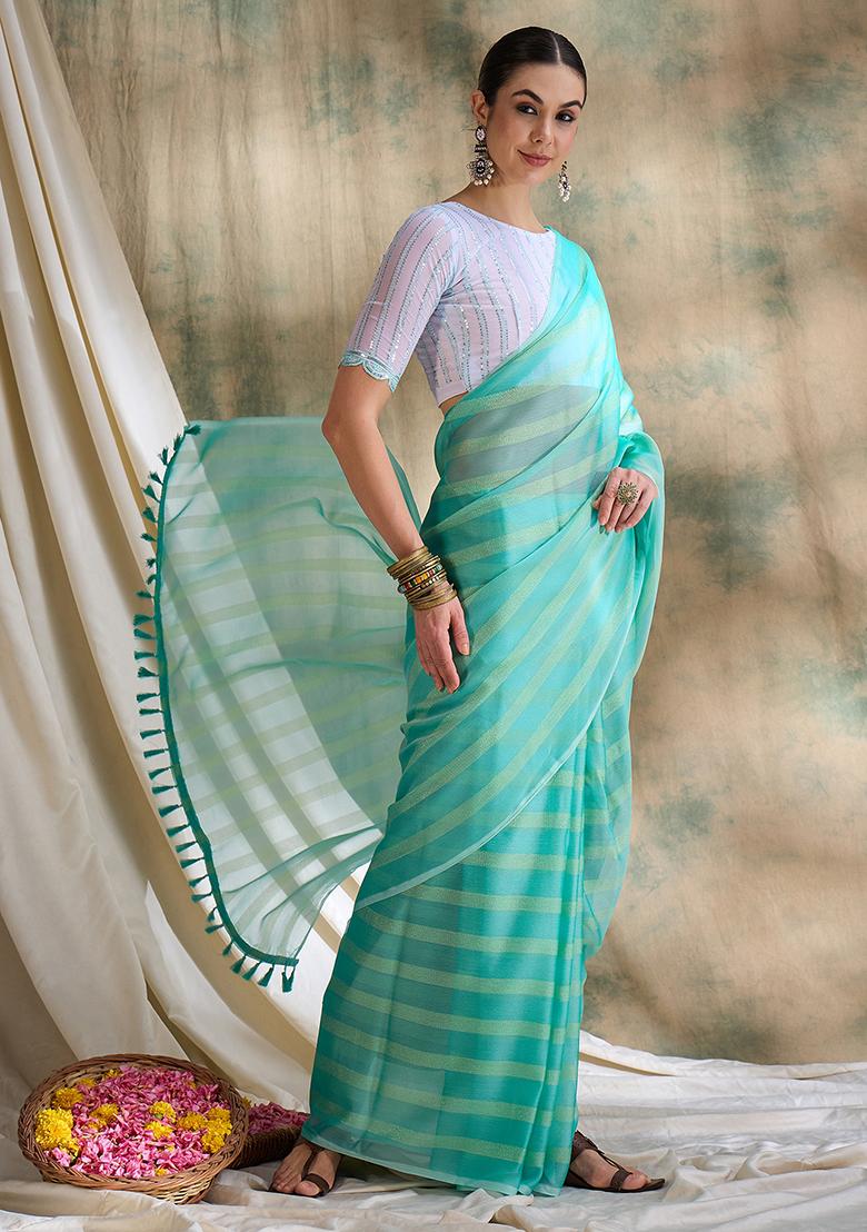 Sea Green Embroidered Silk Saree Set