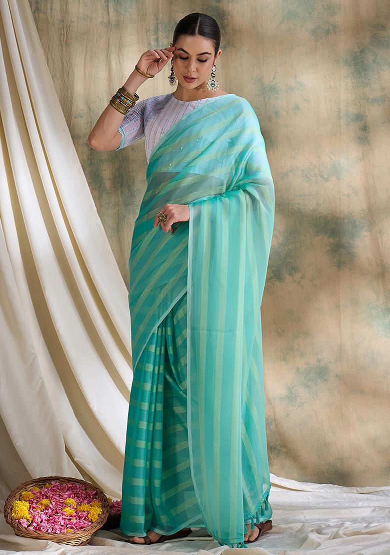 Sea Green Embroidered Silk Saree Set