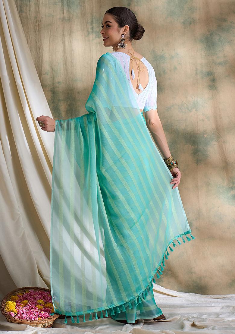 Sea Green Embroidered Silk Saree Set
