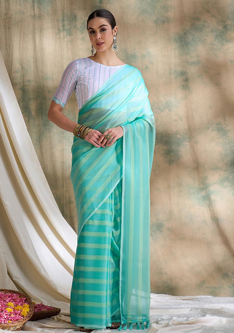 Sea Green Embroidered Silk Saree Set