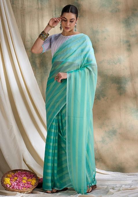 Sea Green Embroidered Silk Saree Set