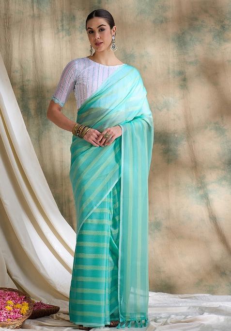 Sea Green Embroidered Silk Saree Set