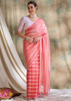 Peach Embroidered Silk Saree Set