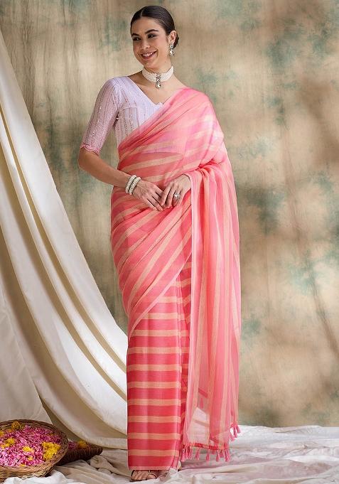 Peach Embroidered Silk Saree Set