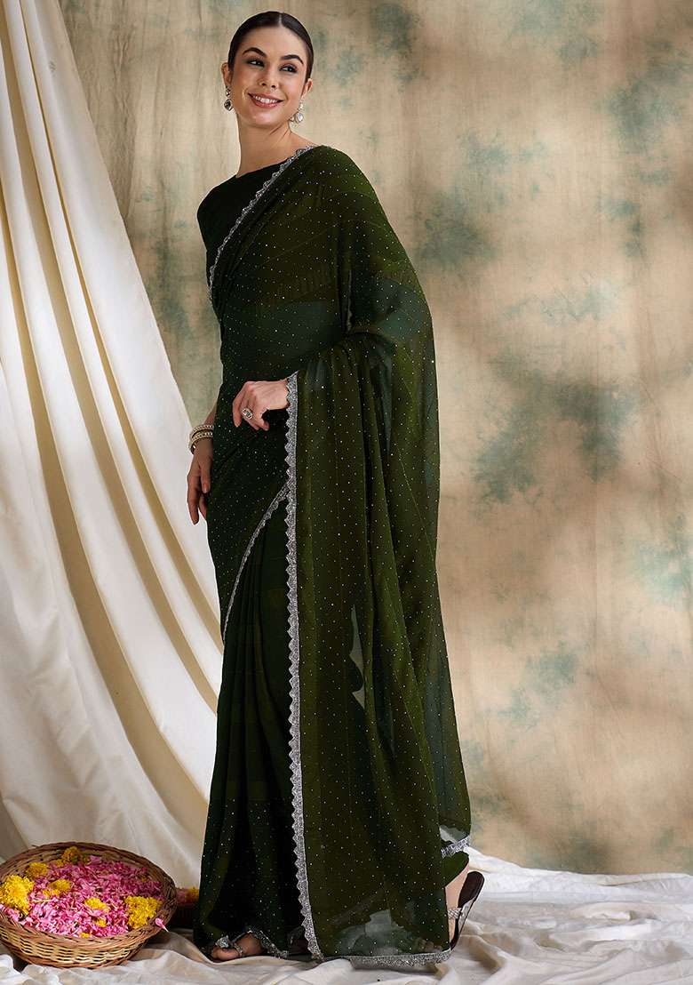 Olive Silk Blend Saree Set with Embroidered for Diwali | Wedding & Festive Wear - Indya