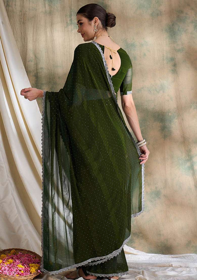 Olive Silk Blend Saree Set with Embroidered for Diwali | Wedding & Festive Wear - Indya