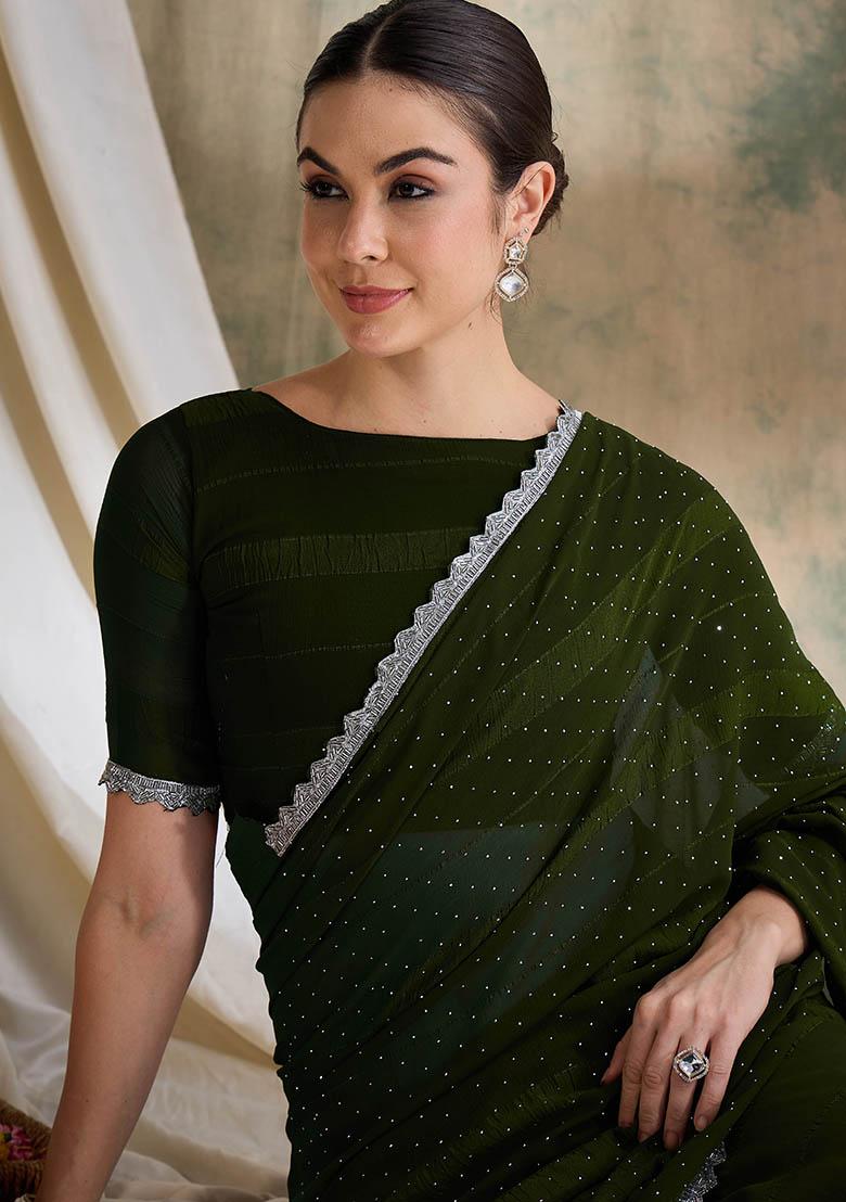 Olive Embroidered Silk Saree Set - Indya