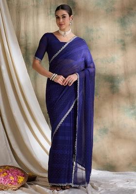 Royal Blue Embroidered Silk Saree Set