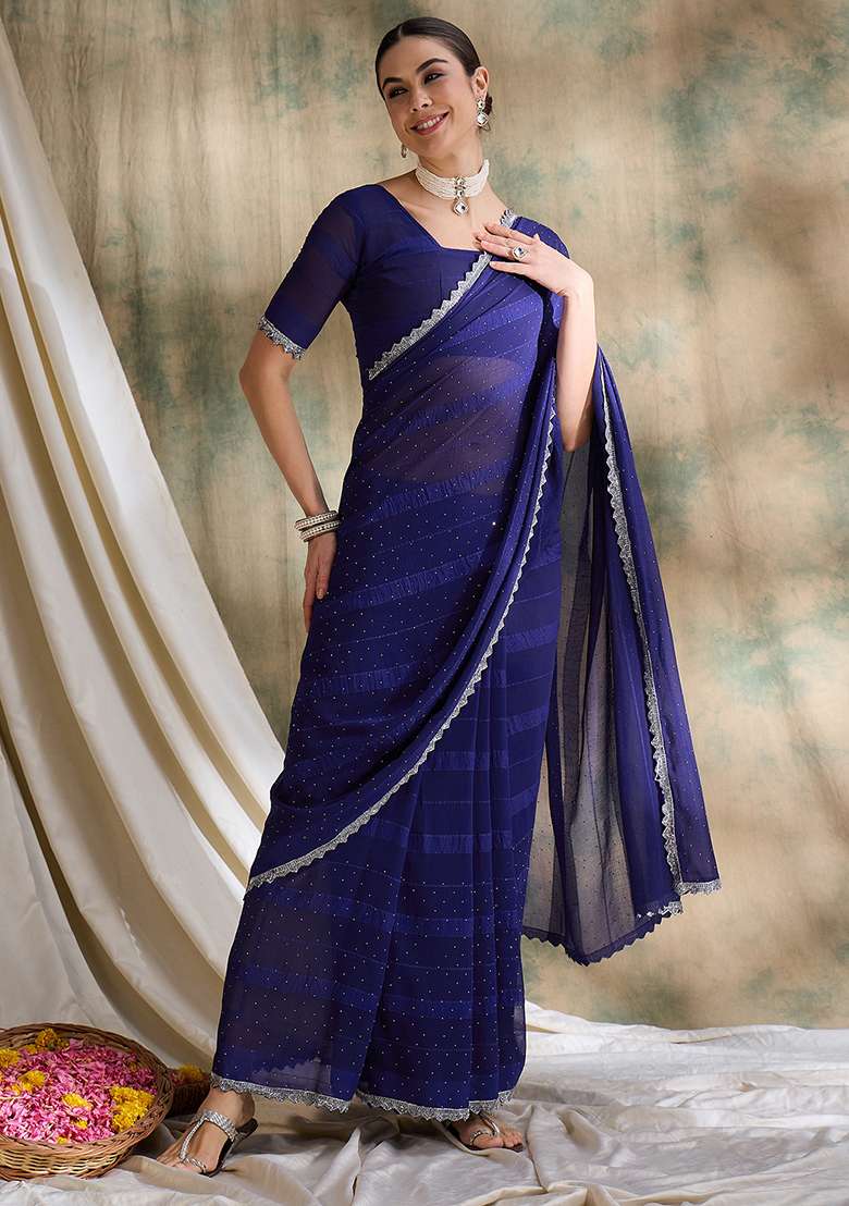 Royal Blue Silk Blend Saree Set with Embroidered for Diwali | Wedding & Festive Wear - Indya