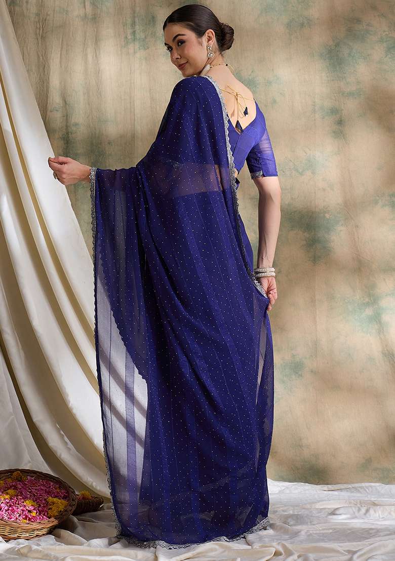 Royal Blue Silk Blend Saree Set with Embroidered for Diwali | Wedding & Festive Wear - Indya