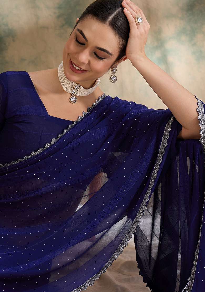 Royal Blue Silk Blend Saree Set with Embroidered for Diwali | Wedding & Festive Wear - Indya