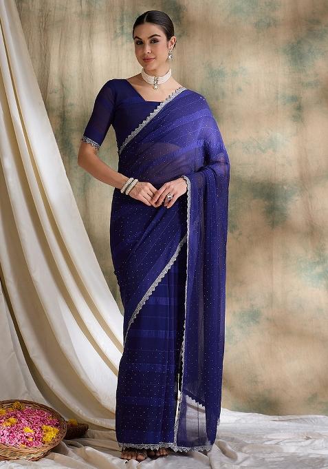 Royal Blue Embroidered Silk Saree Set