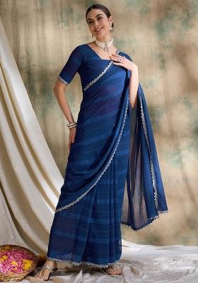 Teal Embroidered Silk Saree Set