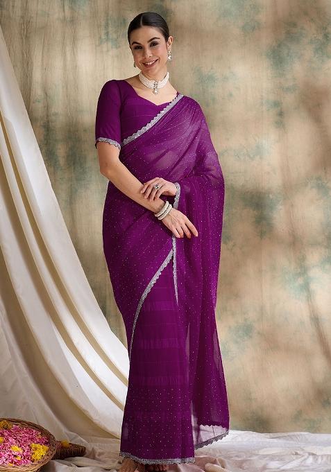 Purple Embroidered Silk Saree Set
