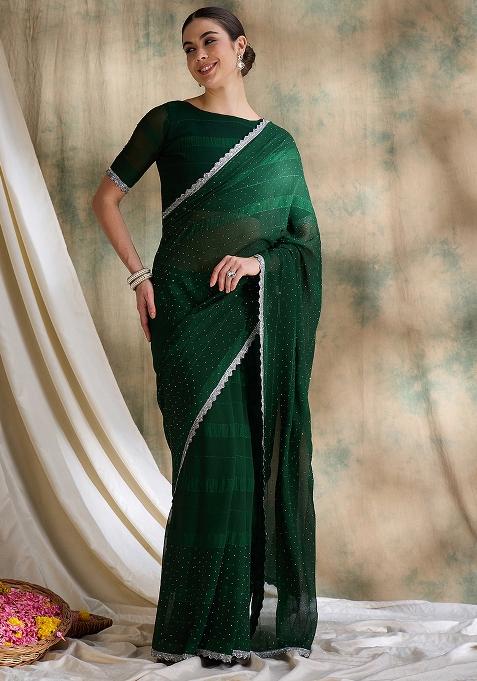 Green Embroidered Silk Saree Set