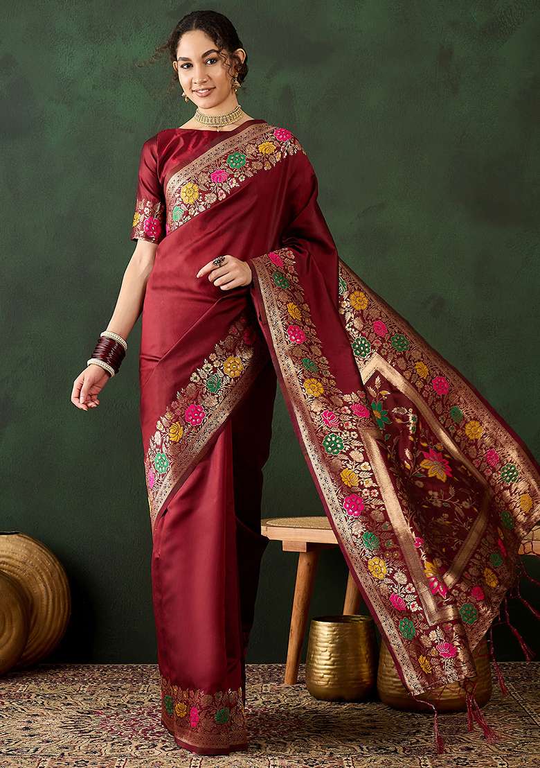 Maroon Embroidered Silk Blend Saree Set for Diwali and Festive Wear - Indya