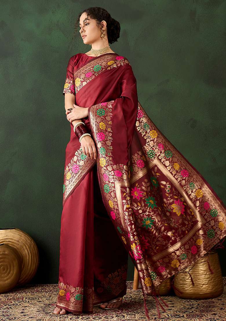 Maroon Embroidered Silk Blend Saree Set for Diwali and Festive Wear - Indya