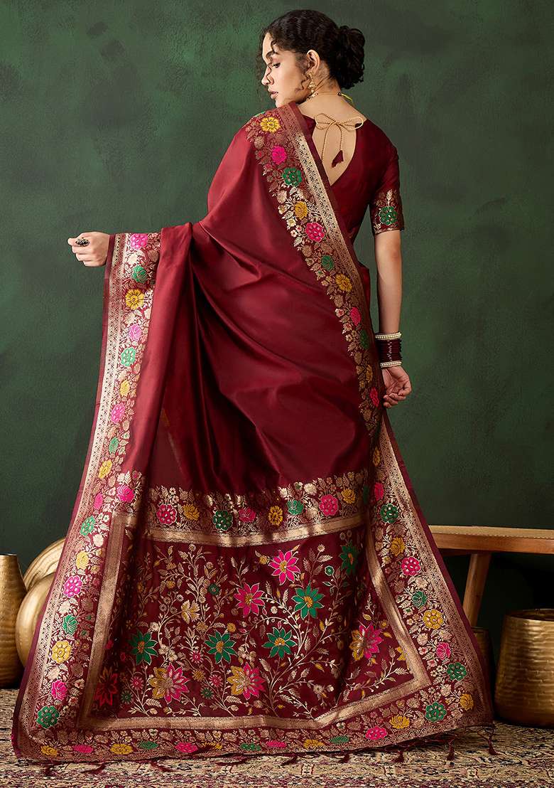 Maroon Embroidered Silk Blend Saree Set for Diwali and Festive Wear - Indya