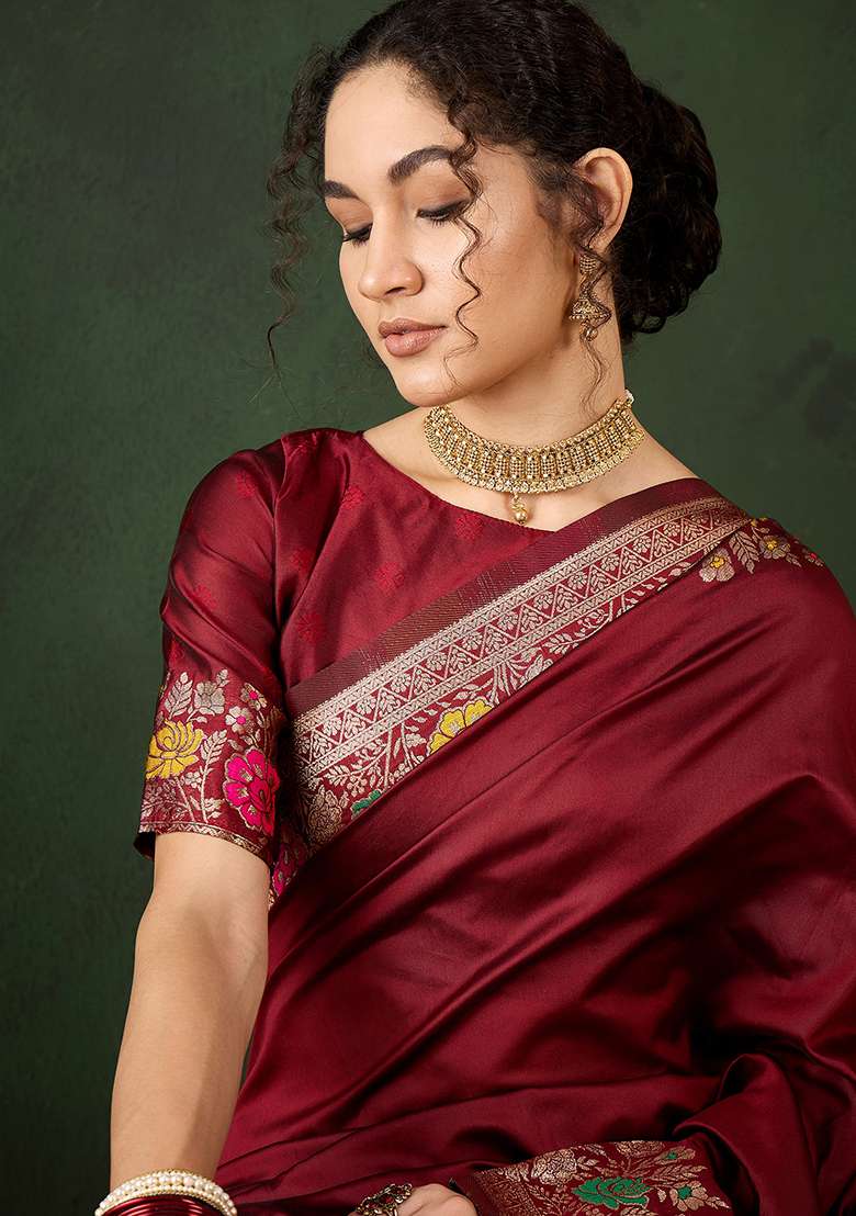 Maroon Embroidered Silk Blend Saree Set for Diwali and Festive Wear - Indya