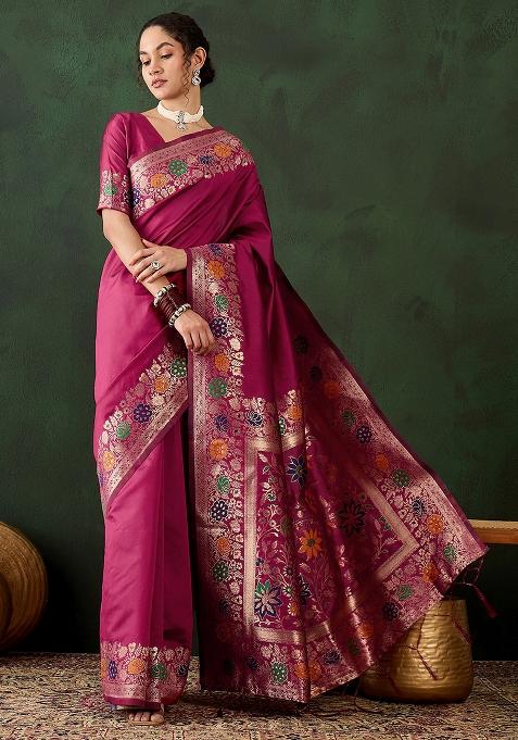 Pink Embroidered Silk Saree Set