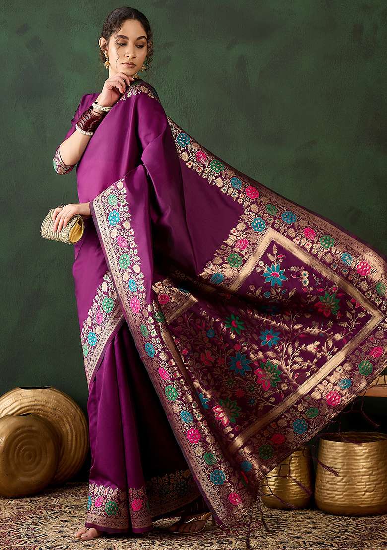 Purple Silk Blend Saree Set with Embroidered for Diwali | Wedding & Festive Wear - Indya