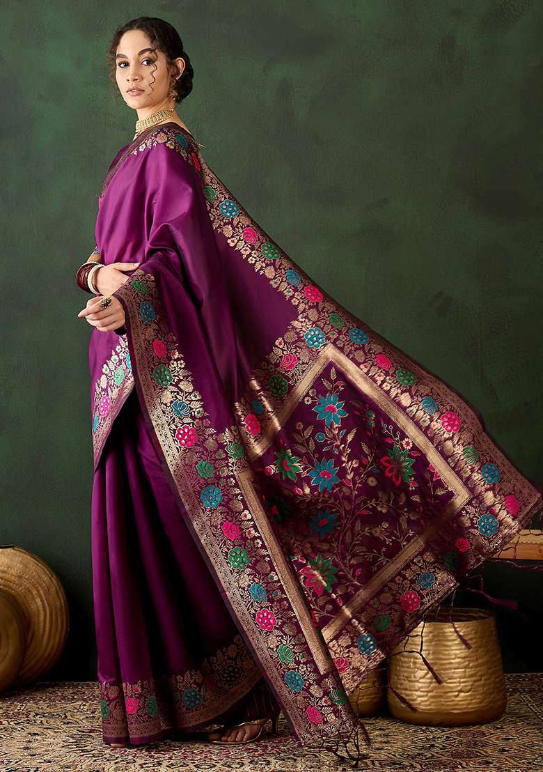 Purple Silk Blend Saree Set with Embroidered for Diwali | Wedding & Festive Wear - Indya