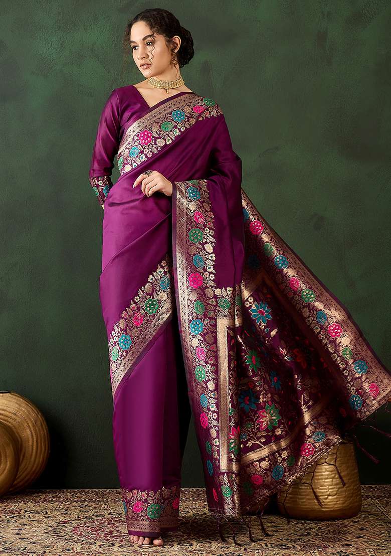 Purple Silk Blend Saree Set with Embroidered for Diwali | Wedding & Festive Wear - Indya
