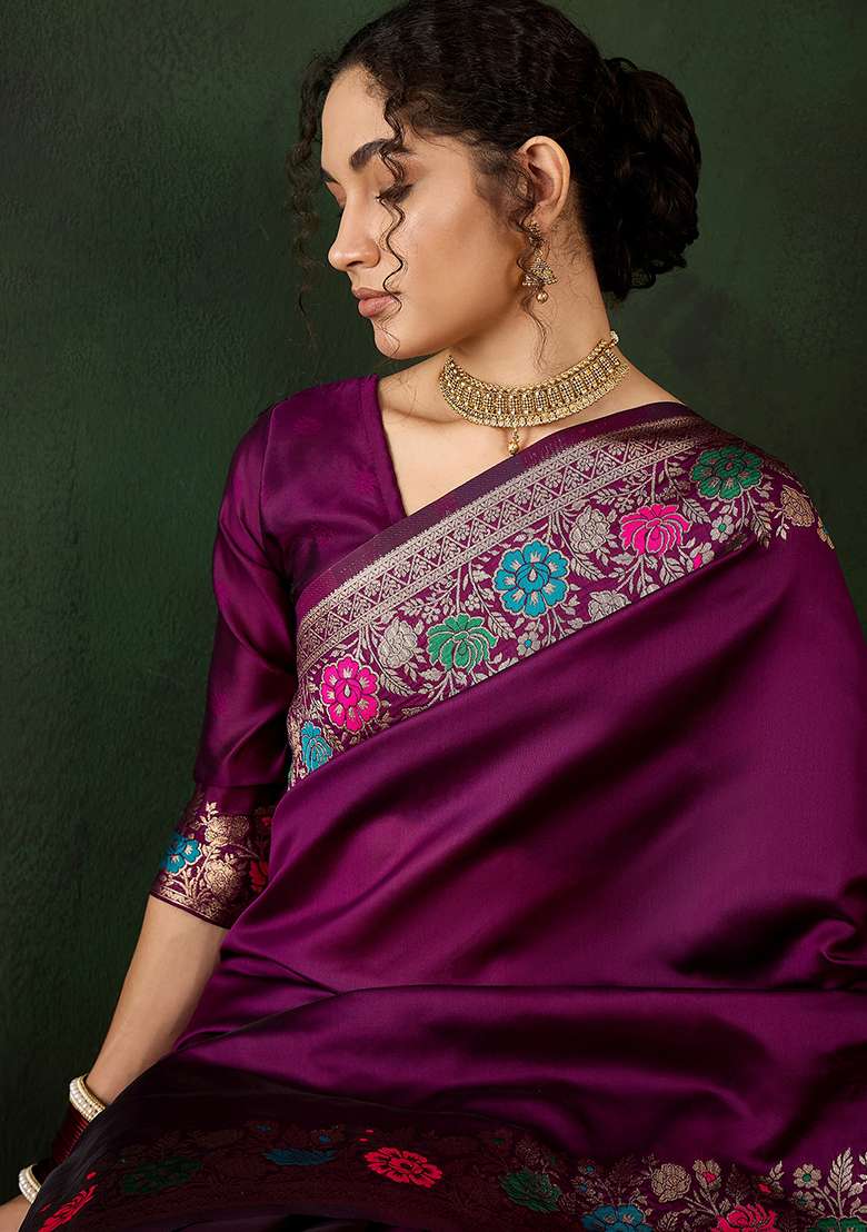 Purple Silk Blend Saree Set with Embroidered for Diwali | Wedding & Festive Wear - Indya