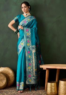 Sea Green Embroidered Silk Saree Set