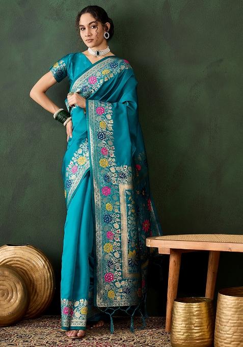 Sea Green Embroidered Silk Saree Set