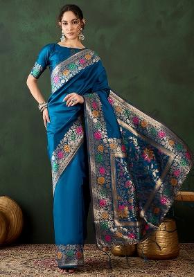 Teal Blue Embroidered Silk Saree Set
