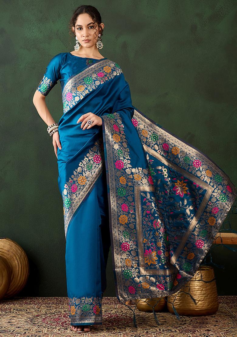 Teal Blue Embroidered Silk Saree Set