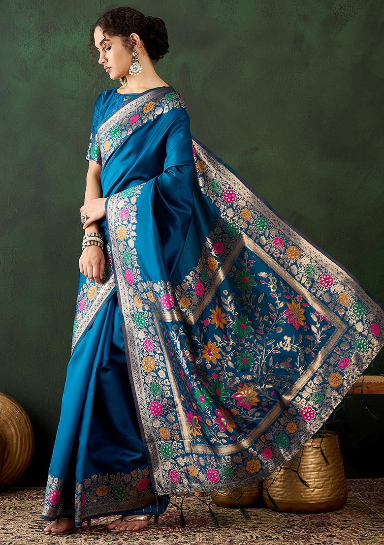 Teal Blue Embroidered Silk Saree Set