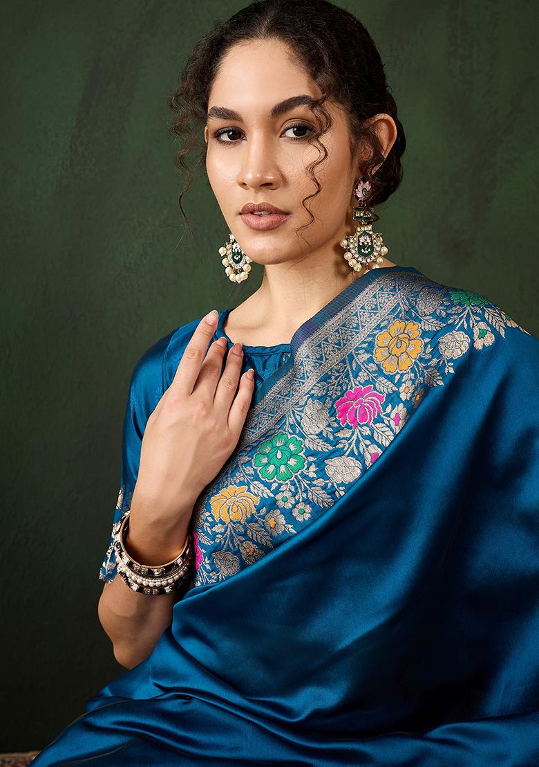 Teal Blue Embroidered Silk Saree Set