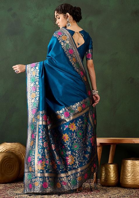 Teal Blue Embroidered Silk Saree Set