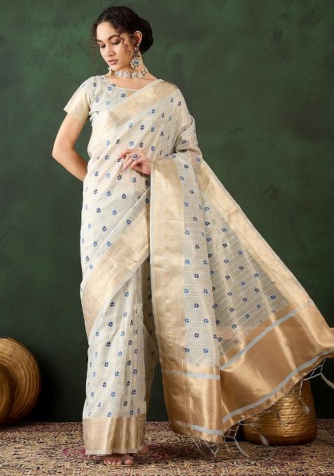 Blue Embroidered Oragnza Saree Set