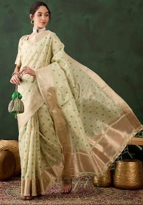 Green Embroidered Oragnza Saree Set