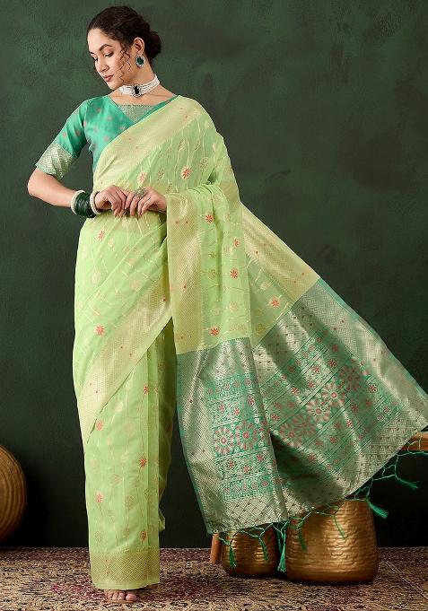 Green Embroidered Cotton Blend Saree Set