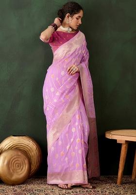 Lavender Embroidered Cotton Blend Saree Set