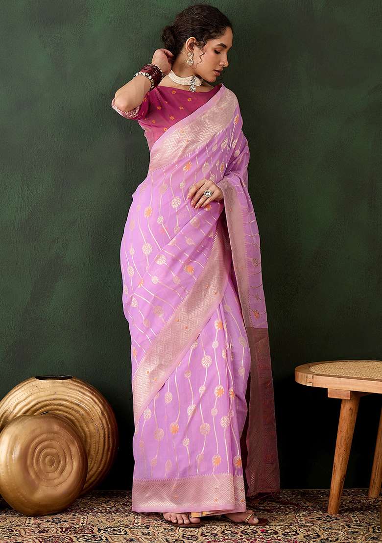 Lavender Embroidered Cotton Blend Saree Set for Diwali and Festive Wear - Indya