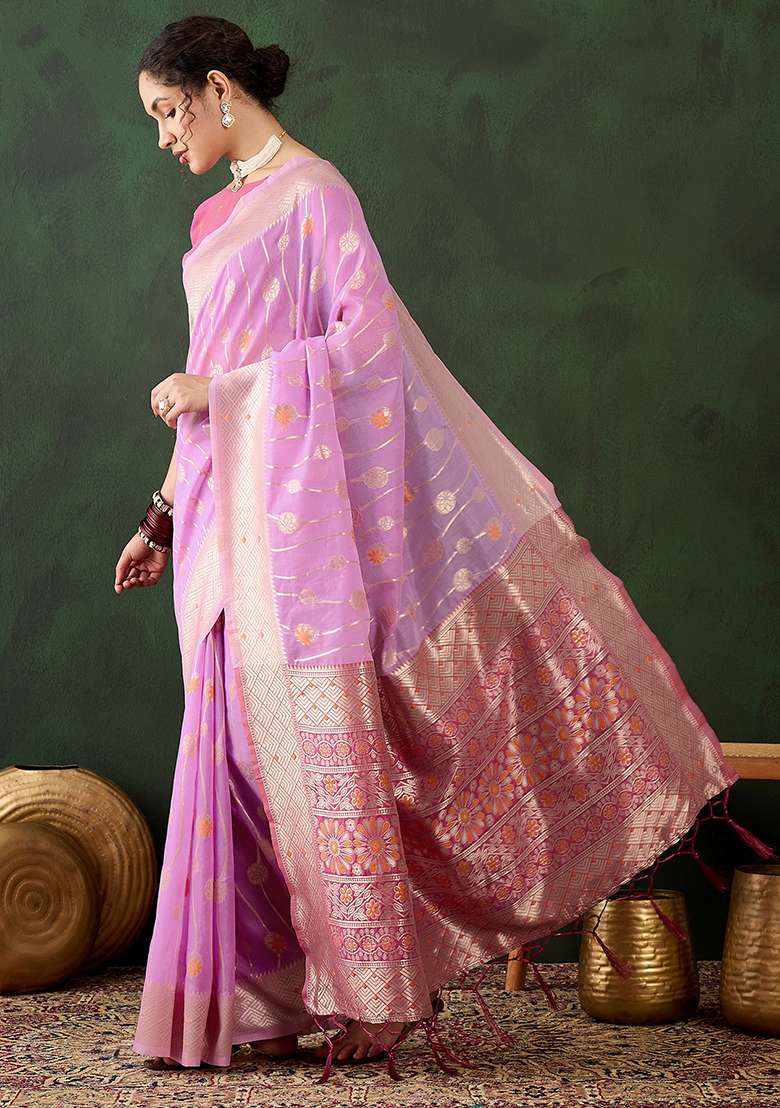 Lavender Embroidered Cotton Blend Saree Set for Diwali and Festive Wear - Indya