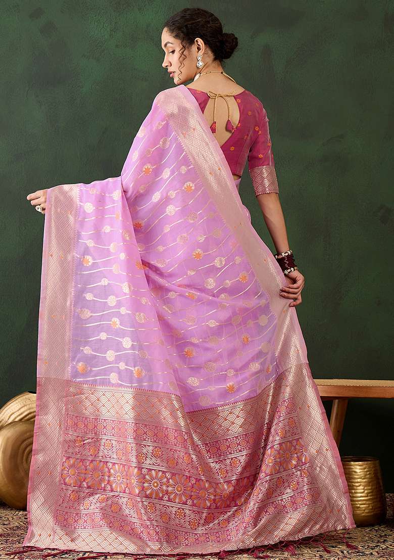 Lavender Embroidered Cotton Blend Saree Set for Diwali and Festive Wear - Indya