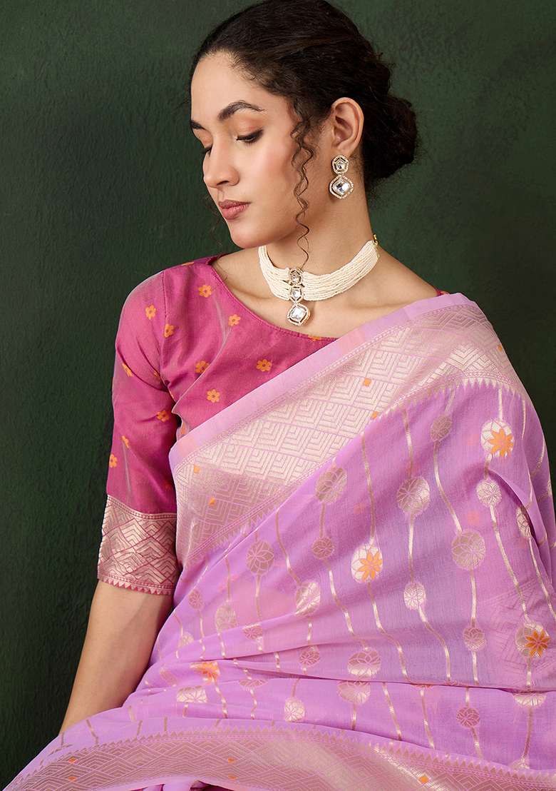 Lavender Embroidered Cotton Blend Saree Set for Diwali and Festive Wear - Indya