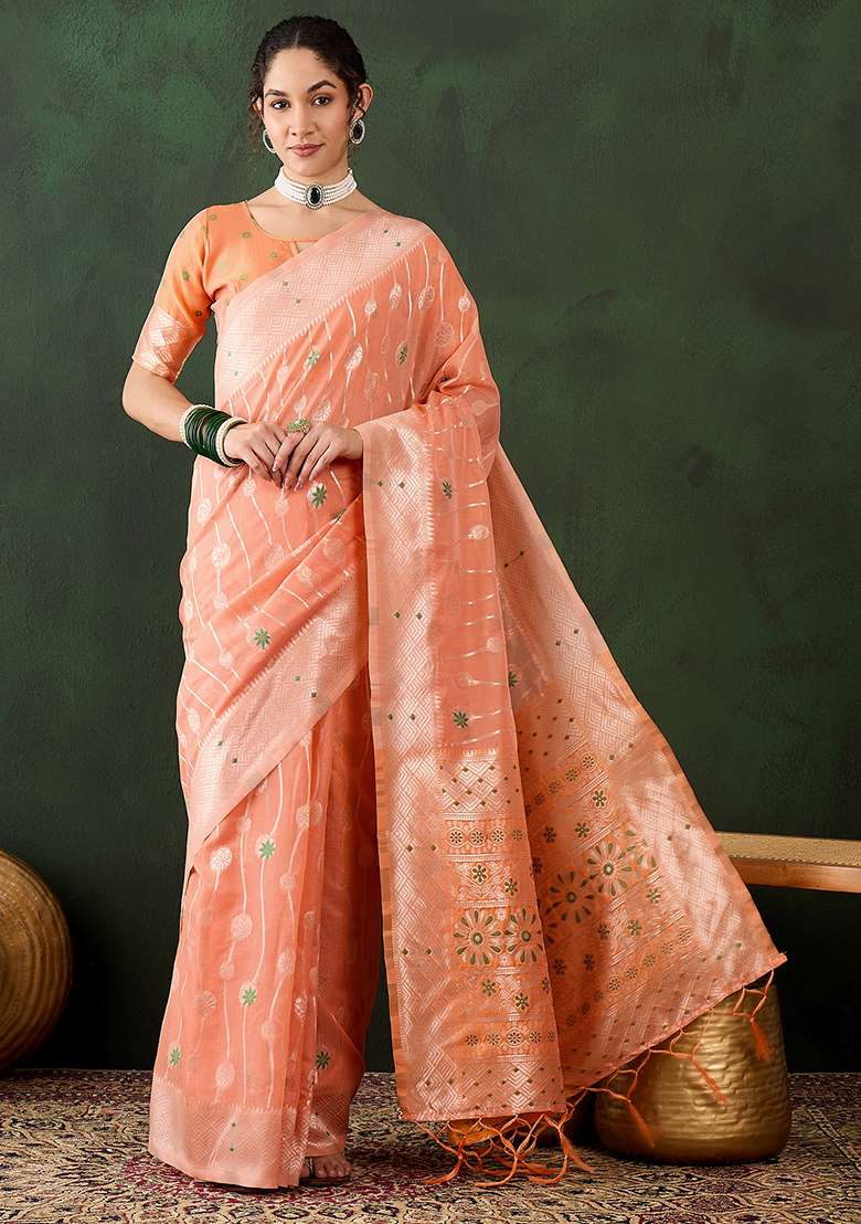 Orange Embroidered Cotton Blend Saree Set for Diwali and Festive Wear - Indya