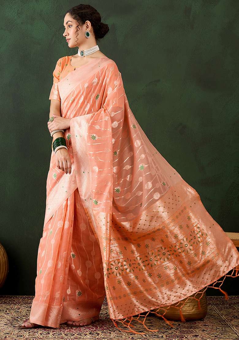 Orange Embroidered Cotton Blend Saree Set for Diwali and Festive Wear - Indya