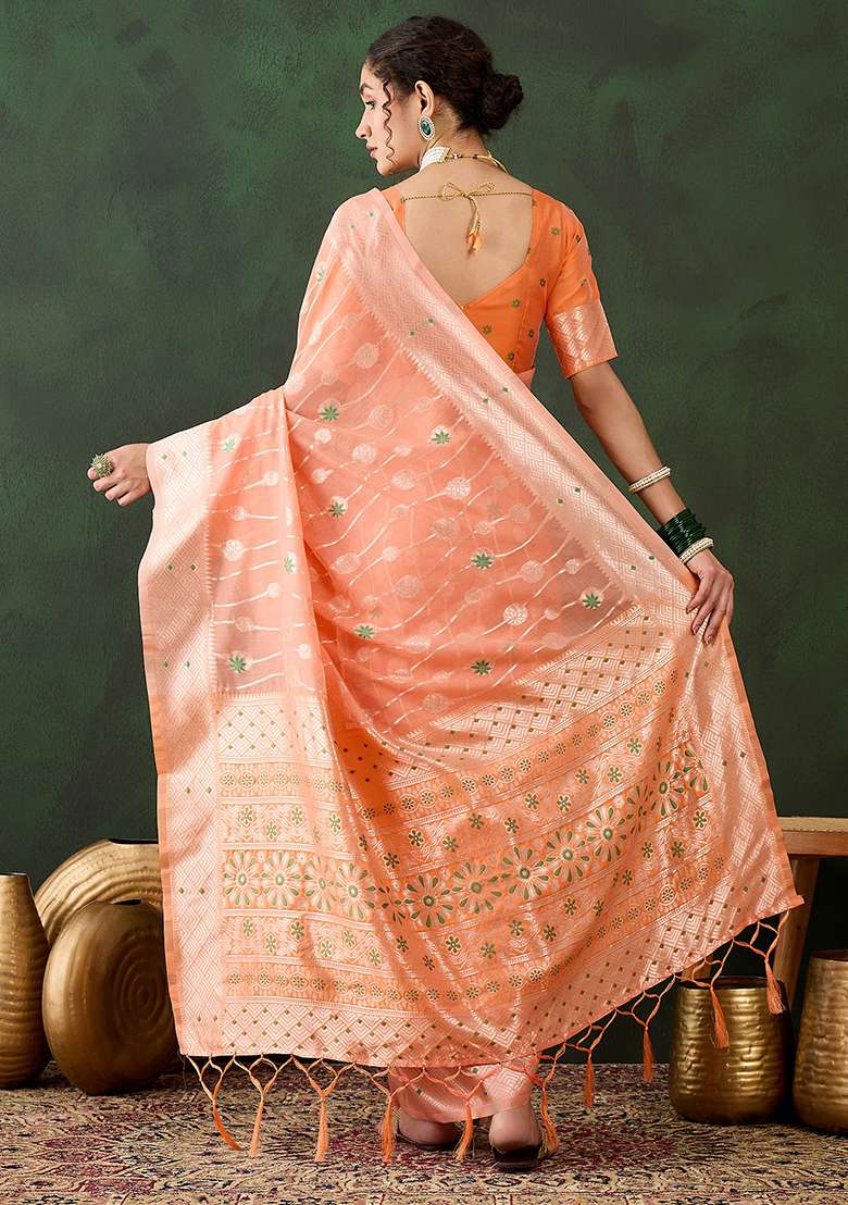 Orange Embroidered Cotton Blend Saree Set for Diwali and Festive Wear - Indya
